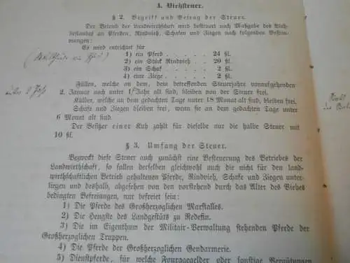 Steuern in Mecklenburg , 1885 , alte Akte , Pferde , Ziegen , Schafe Vieh Viehsteuer Finanzamt , Gesetze , 4 Seiten !!!
