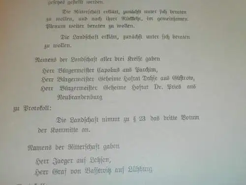 Versammlung  von Ritterschaft und Adel ,1912 in Malchin , Landes-Protokoll , von Maltzan , von Plessen , Mecklenburg  !