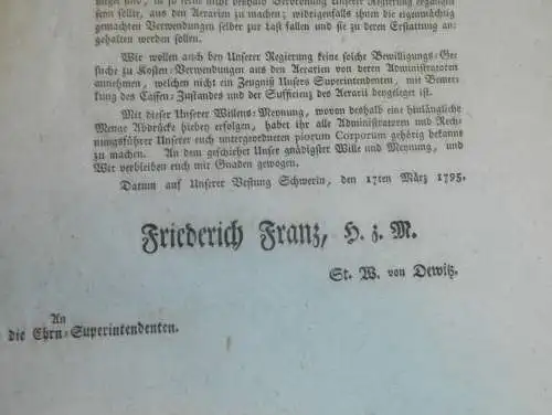 Gelder für Kirchen und Stiftungen , 1795 , alte Akte Mecklenburg , von Dewitz , Friedrich Franz !!