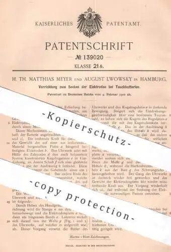 original Patent - H. Th. Matthias Meyer , August Lwowsky , Hamburg | 1902 | Senken der Elektroden bei Tauchbatterie !