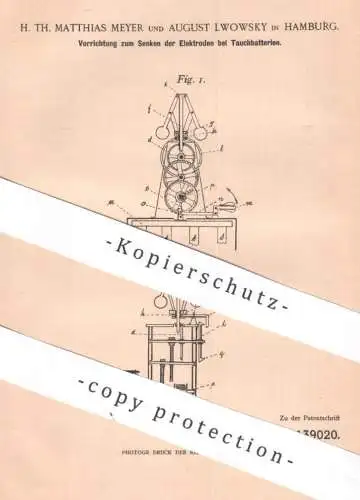 original Patent - H. Th. Matthias Meyer , August Lwowsky , Hamburg | 1902 | Senken der Elektroden bei Tauchbatterie !