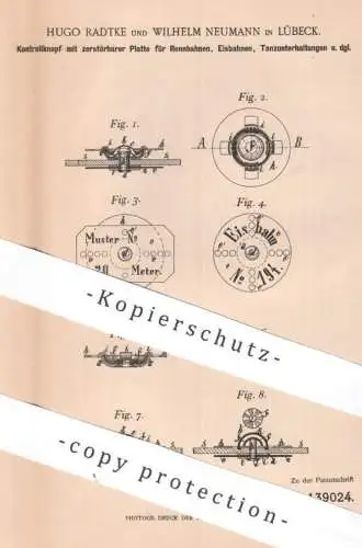 original Patent - Hugo Radtke , Wilhelm Neumann , Lübeck | 1902 | Kontrollknopf für Rennbahn , Eisbahn | Knopf Schalter
