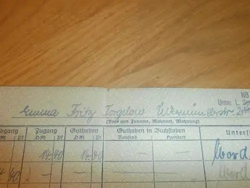 altes Sparbuch Pasewalk / Torgelow , 1952 , Emma Fritz in Torgelow i. Mecklenburg , Sparkasse !!