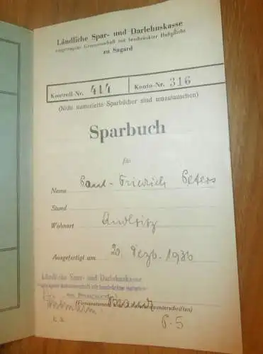 altes Sparbuch Sagard a. Rügen , 1936 - 1944 , Paul Friedrich Peters in Sagard a. Rügen i. Mecklenburg , Sparkasse !!