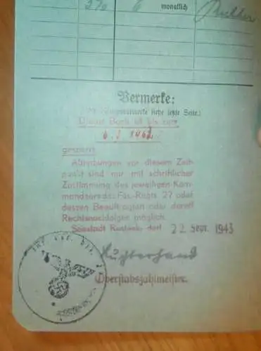 altes Sparbuch Rostock , 1943 , Ursula Dietrich in Puderbach b. Wittgenstein i. Westerwald , Bad Laasphe , Sparkasse