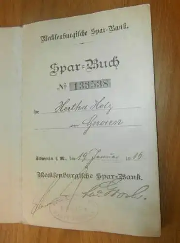altes Sparbuch Schwerin , 1916 - 1920 , Hertha Holz in Gnoien i. Mecklenburg , Sparkasse , Bank !!