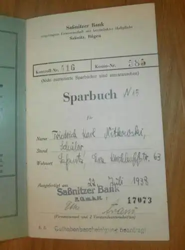 altes Sparbuch Saßnitz, 1938 - 1942 , Friedrich Karl Nitkowski in Saßnitz i. Mecklenurg , Sparkasse , Bank !!