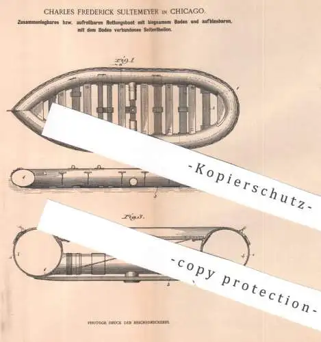 original Patent - Charles Frederick Sultemeyer , Chicago USA | 1900 | Zusammenlegbares Rettungsboot | Boot Schlauchboot