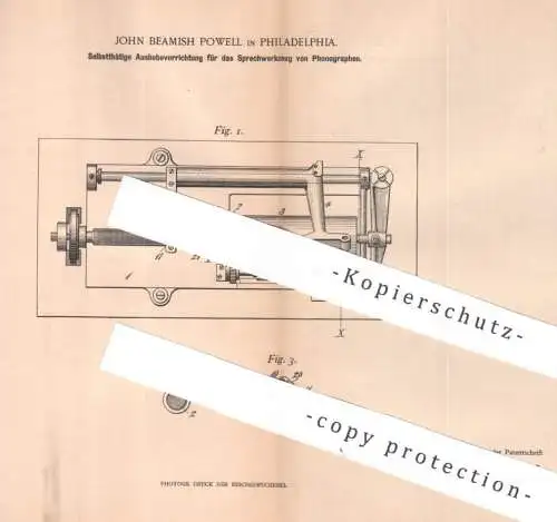 original Patent - John Beamish Powell , Philadelphia , USA | 1901 | Aushebevorrichtung für Sprechwerkzeug von Phonograph