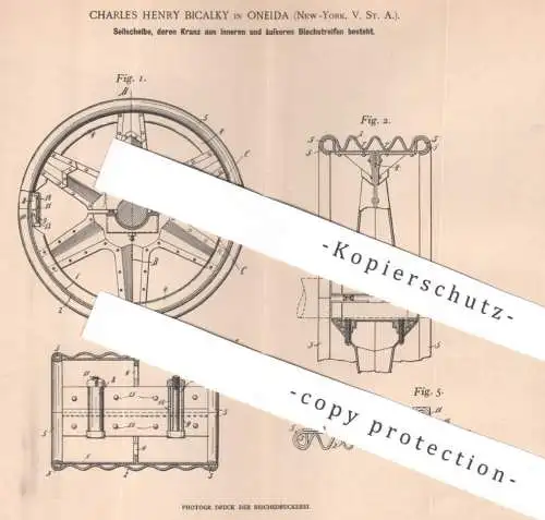 original Patent - Charles Henry Bicalky , Oneida , New York , USA , 1902 , Seilscheibe aus Blech | Metall Riemenscheibe