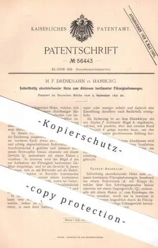 original Patent - H. F. Drenkhahn , Hamburg | 1890 | Zapfhahn , Hahn | Ventil , Zapfanlage , Ausschank , Wasserhahn