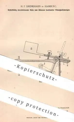 original Patent - H. F. Drenkhahn , Hamburg | 1890 | Zapfhahn , Hahn | Ventil , Zapfanlage , Ausschank , Wasserhahn