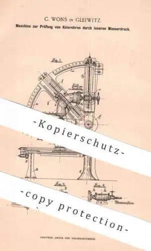 original Patent - C. Wons , Gleiwitz | 1896 | Prüfung von Knierohr per Wasserdruck | Rohr , Rohre , Wasserleitung !!!