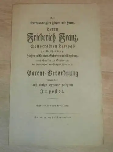 original Dokument - Friedrich Franz - Mecklenburg , 1809 , Impost für Exporte , Verordnung , Schwerin , Tabak , Rostock
