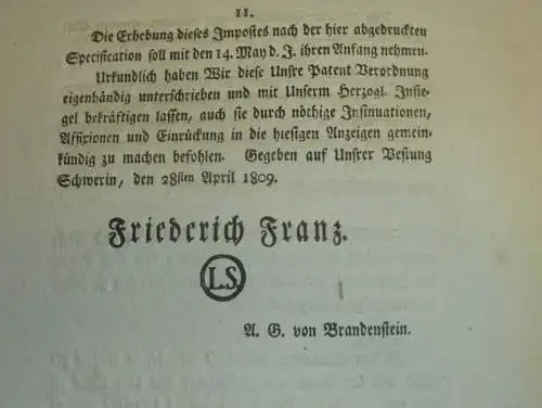 original Dokument - Friedrich Franz - Mecklenburg , 1809 , Impost für Exporte , Verordnung , Schwerin , Tabak , Rostock