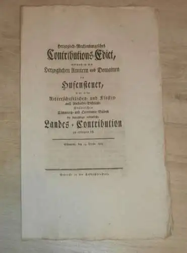 original Dokument - Friedrich Franz - Edict Mecklenburg , 1809 , Landes-Contribution , Hufensteuer , Kloster !!