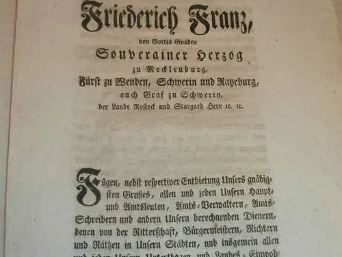 original Dokument - Friedrich Franz - Edict Mecklenburg , 1809 , Landes-Contribution , Hufensteuer , Kloster !!