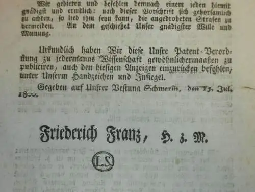 original Dokument - Friedrich Franz - Patent-Verordnung Mecklenburg , 1800 , Dienstboten , Polizei , Stargard , Rostock