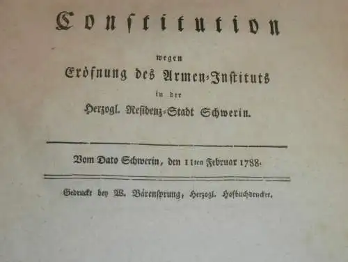 original Dokument zur Eröffnung des Armen-Institut Schwerin , 1788 , Mecklenburg , Friedrich Franz , Rostock , Stargard