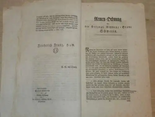 original Dokument zur Eröffnung des Armen-Institut Schwerin , 1788 , Mecklenburg , Friedrich Franz , Rostock , Stargard