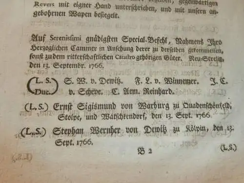 alte Akte , Brand-Versicherung Neubrandenburg 1766 , Stargard i. Mecklenburg , Neustrelitz , Adel , Feuer , extrem rar !