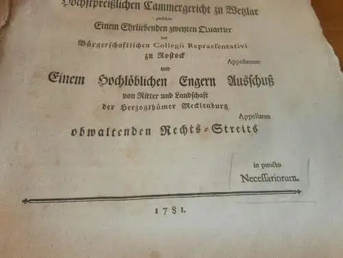 alte Akte , Rostock - Wetzlar , 1781 , Ritter und Landschaft Mecklenburg , Rechtsstreit , 43 Seiten , extrem rar !!!