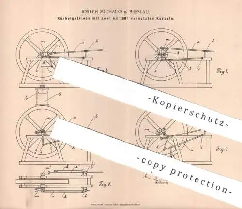 original Patent - Joseph Michalke , Breslau , Polen | 1896 | Kurbelgetriebe mit 2 um 180° versetzten Kurbeln | Getriebe