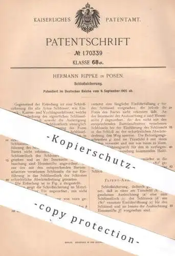 original Patent - Hermann Ripke , Posen | Polen | 1905 | Schloss - Sicherung | Tür , Türen , Türschloss | Schlosserei !