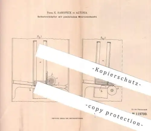 original Patent - Fa. K. Ramspeck , Hamburg / Altona | 1900 | Selbstverkäufer mit Warenschacht | Automat Verkaufsautomat