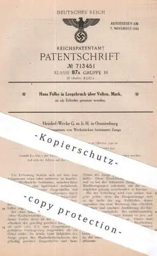 original Patent - Heinkel Werke GmbH , Oranienburg | Hans Falke , Leegebruch | 1939 | Zange zum Einspannen von Werkstück