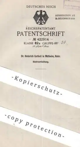 original Patent - Dr. Heinrich Gothot , Mülheim , Ruhr | 1923 | Röstvorrichtung | Rösttrommel , Kaffee rösten , Röstung
