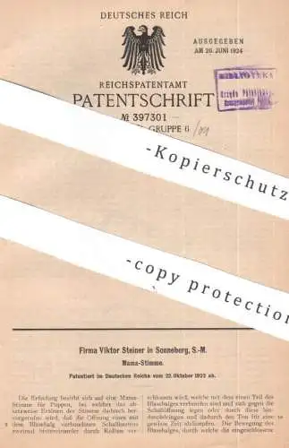original Patent - Fa. Viktor Steiner , Sonneberg | 1922 | Mama - Stimme | Stimme für Puppen | Balgenstimme