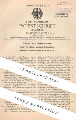 original Patent - Friedrich Zorn , Greifswald Pommern | 1927 | Papa & Mama sprechende Balgenstimme | Stimme Balgen Puppe