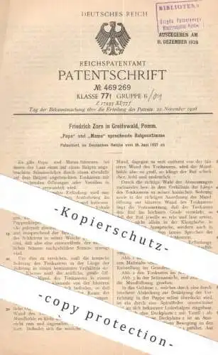 original Patent - Friedrich Zorn , Greifswald Pommern | 1927 | Papa & Mama sprechende Balgenstimme | Stimme Ton , Puppe