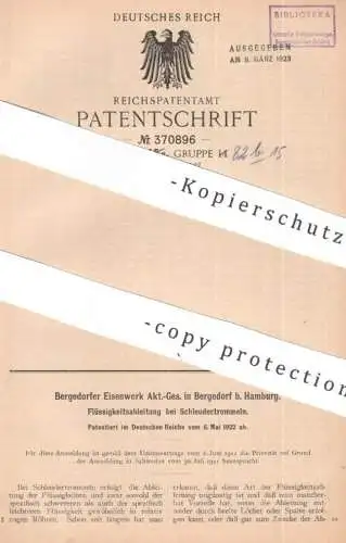 original Patent - Bergedorfer Eisenwerk AG Hamburg | 1922 | Flüssigkeitsableitung bei Schleudertrommel | Milch Schleuder