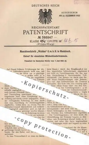 original Patent - Maschinenfabrik Waldau GmbH , Rheinbach | 1922 | Einlauf für Milchschleudertrommel | Milch - Schleuder