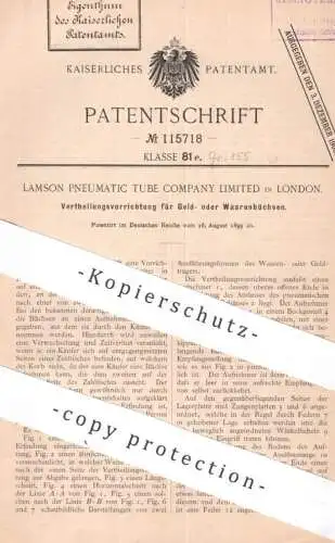 original Patent - Lamson Pneumatic Tube Company Ltd. , London , England | 1899 | Verteilung für Geld o. Waren | Automat