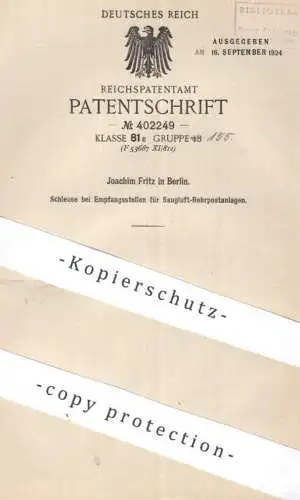 original Patent - Joachim Fritz , Berlin | 1923 | Schleuse bei Empfangsstellen für Saugluft - Rohrpostanlagen | Rohrpost