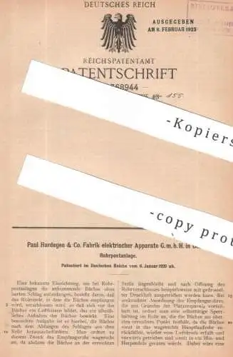 original Patent - Paul Hardegen & Co. Fabrik elektrischer Apparate GmbH , Berlin | 1920 | Rohrpostanlage | Rohrpost