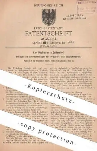 original Patent - Carl Beckmann , Berlin / Zehlendorf | 1920 | Schleuse für Rohrpostanlage | Rohrpost , Post , Ventil