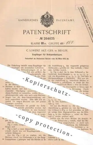 original Patent - C. Lorenz AG , Berlin | 1912 | Empfänger für Rohrpostanlage | Rohrpost , Post , Büchse