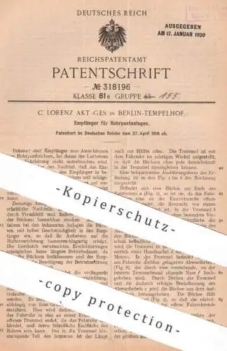 original Patent - C. Lorenz AG , Berlin / Tempelhof | 1918 | Empfänger für Rohrpostanlage | Rohrpost , Post , Büchse