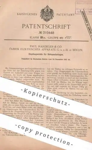 original Patent - Paul Hardegen & Co. Fabrik Elektrischer Apparate GmbH Berlin |1915 | Empfangsstelle für Rohrpostanlage