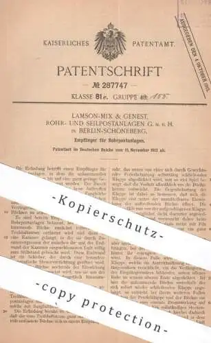 original Patent - Lamson Mix & Genest Rohr- & Seilpostanlagen GmbH , Berlin / Schöneberg | 1912 | Rohrpost - Empfänger