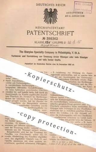original Patent - The Sharples Specialty Company , Philadelphia USA | 1920 | Trennung dreier flüssiger o. fester Stoffe