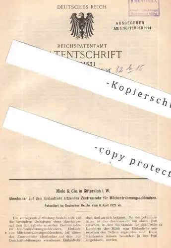 original Patent - Miele & Cie. , Gütersloh i. W. | 1922 | Zentrumrohr für Milchentrahmungsschleuder | Milch - Schleuder