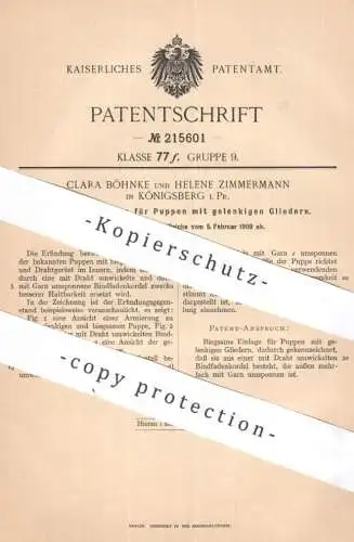 original Patent - Clara Böhnke , Helene Zimmermann , Königsberg , Preußen | 1909 | Einlage für Puppen mit Gelenk | Puppe