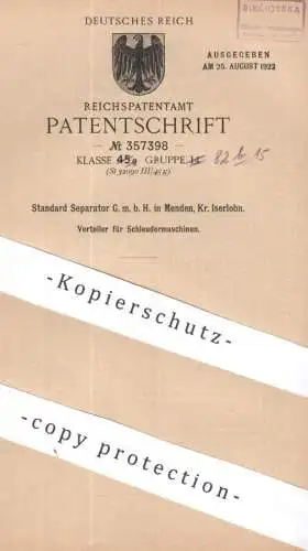 original Patent - Standard Separator GmbH , Menden / Iserlohn , 1919 | Verteiler für Schleudermaschinen | Schleuder