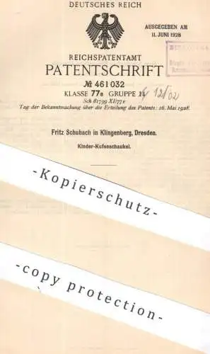 original Patent - Fritz Schubach , Klingenberg , Dresden | 1927 | Kinder Kufenschaukel | Schaukelstuhl , Stuhl mit Kufen