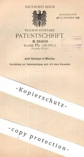 original Patent - Josef Steininger , München | 1921 | Karussell | Rundbahn zur Volksbelustigung | Schausteller